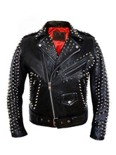 Men’s Black Cowhide Leather Jacket Punk Rock Biker Style with Cone Spikes & Johnny Stud Design